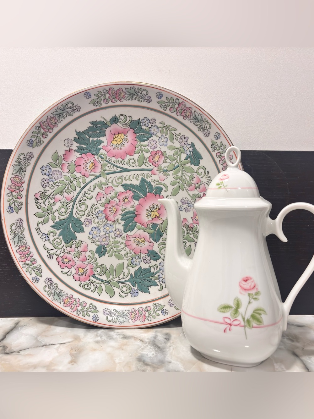 Vintage Bavarian Porcelain Teapot and Decorative Floral Plate Set